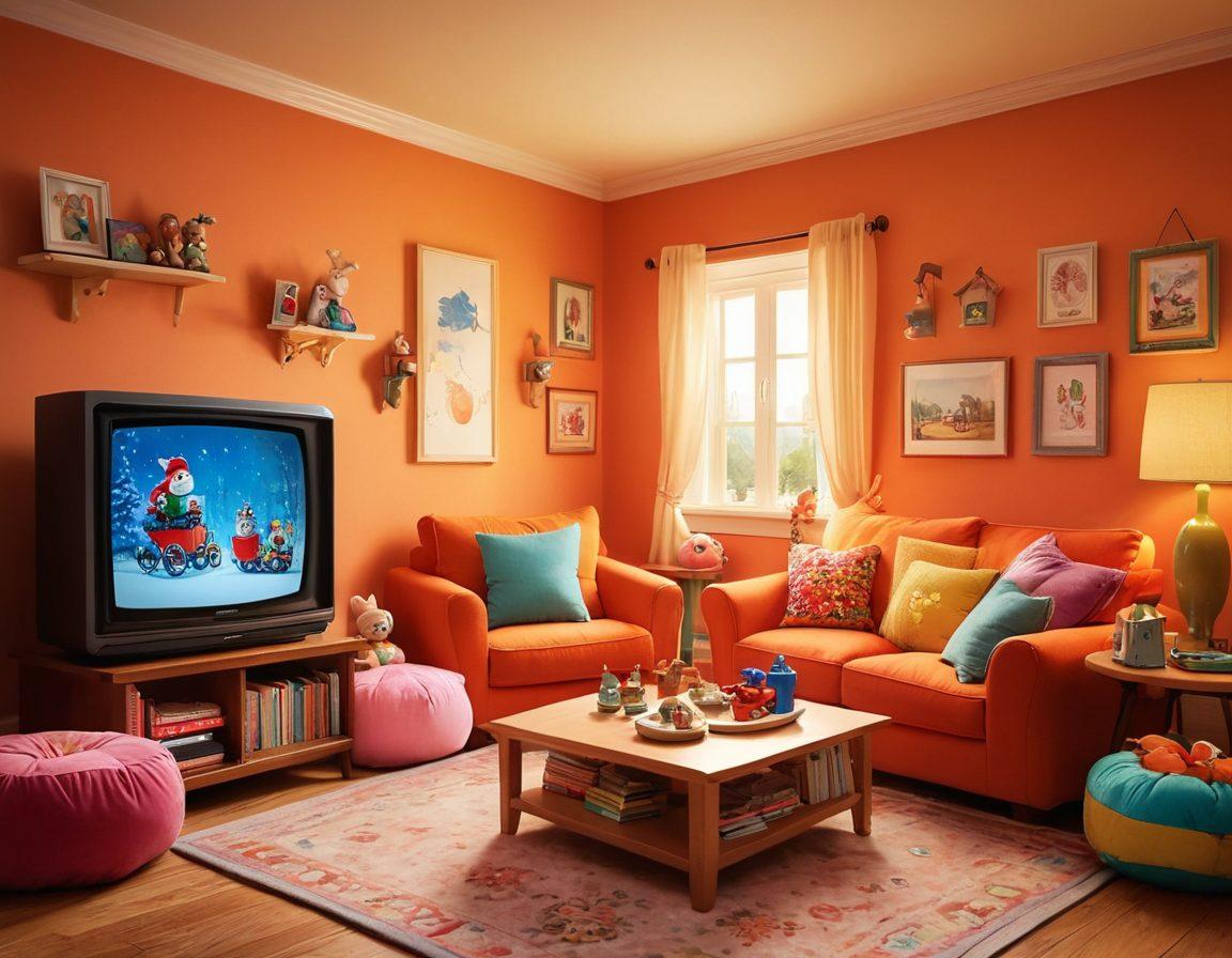 A cozy living room scene with a miniature television displaying vibrant animated characters sharing a fun story. Surrounding the TV are playful children with beaming smiles, surrounded by colorful cushions and toys. The walls adorned with whimsical storybook illustrations and a warm, inviting color palette create a magical atmosphere. Soft, glowing light enhances the joyful vibe of storytelling time. cartoon style. bright colors. inviting atmosphere.