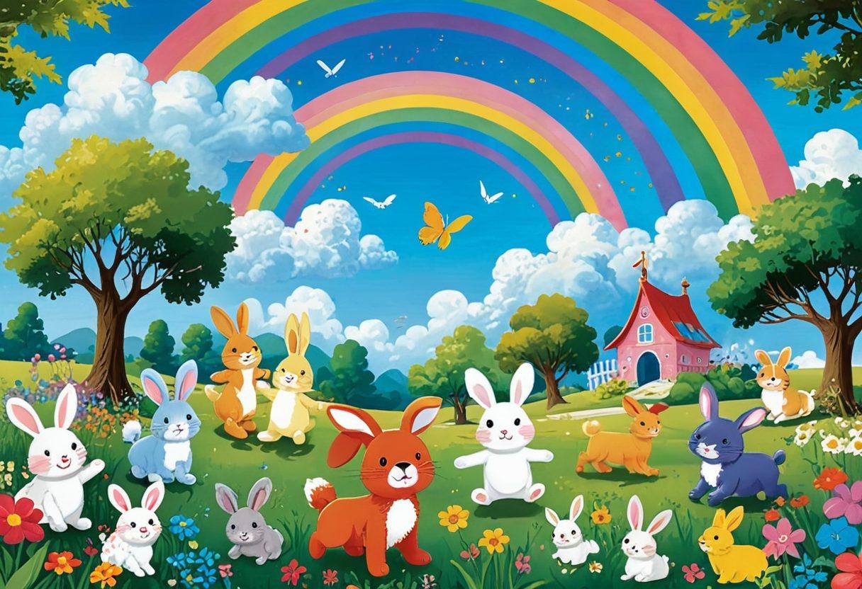 A whimsical scene featuring colorful, animated characters like cheerful animals and cartoonish objects playing together in a vibrant landscape filled with trees, clouds, and rainbows. The characters should have exaggerated expressions of joy and excitement, showcasing their imaginative play. Include dynamic movements, like characters bouncing or flying, to convey a sense of fun and creativity. The overall color palette should be bright and inviting, attracting children's attention. cartoon style. vibrant colors. playful atmosphere.